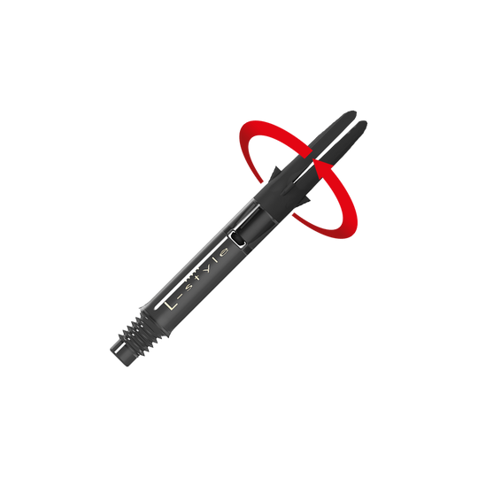 L-L-Style-Shaft Carbon Silent Straight - Zwart Auf dem Bild ist ein schwarzer Dartshaft aus Carbon der Marke L-Style zu sehen. Am oberen Ende ist eine rote Pfeilmarkierung, die eine Drehbewegung anzeigt.