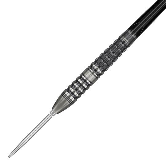 Target Japan Black Marque Lumiere GEN3 stalen darts Das Bild zeigt den Target Japan Black Marque Lumiere GEN3 Steeldart. Der Dart hat ein silbernes, fein strukturiertes Barrel mit schwarzen Akzenten und einer scharfen Spitze.