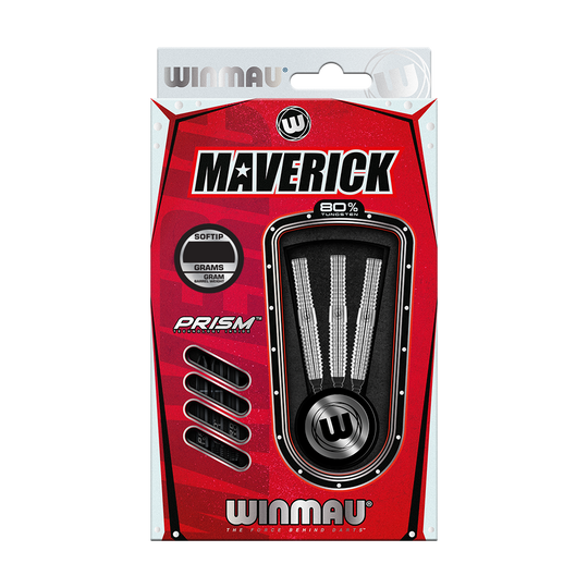 2465_Winmau_Maverick_Softdarts_3 Das Bild zeigt eine Verpackung der Winmau Maverick Softdarts mit 20 Gramm. Die Verpackung ist rot und enthält drei silberne Darts mit Prism-Schäften.