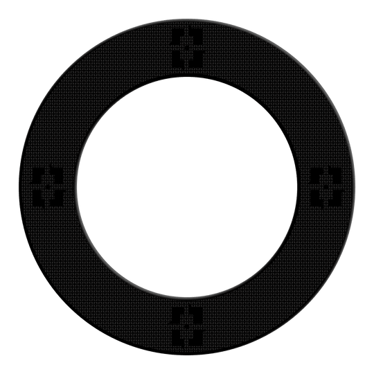 McDart Precision Nano Dartbord Surround Das Bild zeigt das Produkt "McDart Precision Nano Dartboard Surround". Es handelt sich um einen schwarzen, ringförmigen Schutzrand mit geprägtem Muster für eine Dartscheibe.