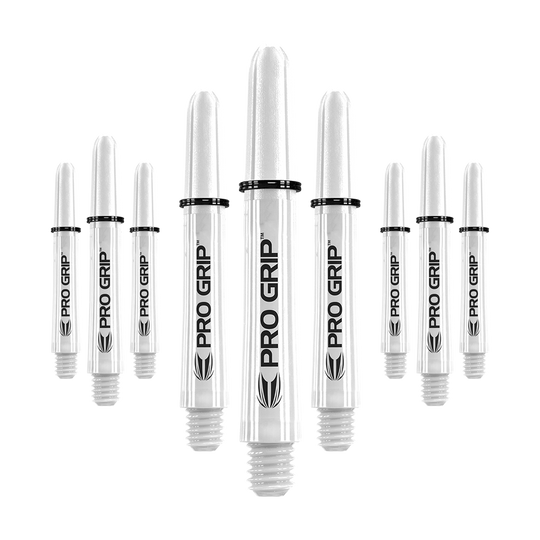 Target Pro Grip Shafts - 3 sets - Wit Auf dem Bild sind neun weiße Dart-Schäfte mit der Aufschrift "Pro Grip" abgebildet. Sie sind gleichmäßig angeordnet und wirken hochwertig verarbeitet.