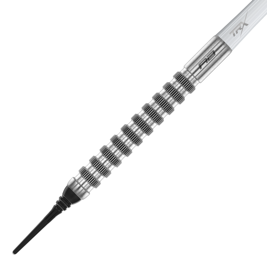 Red Dragon Javelin Speedline Zachte Darts - 20g Das Bild zeigt einen Red Dragon Javelin Speedline Softdart mit einem Gewicht von 20g. Der Dart hat ein silbernes, geriffeltes Barrel und eine schwarze Softspitze.