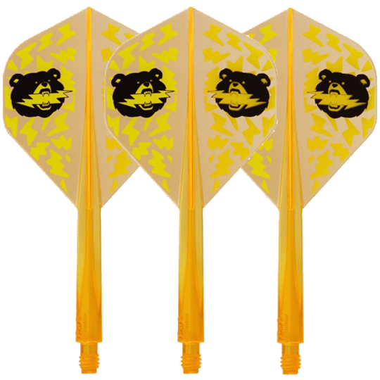 Condor Ax Black Bear Miyu Miyawaki Flight Shaft Neon Orange - Standaard Das Bild zeigt vier neonorange Dartflights mit gelbem Blitzmuster und einem schwarzen Bärenkopf darauf. Die Flights sind in Standard-Form gestaltet und tragen den Namen "Condor Axe Black Bear Miyu Miyawaki".