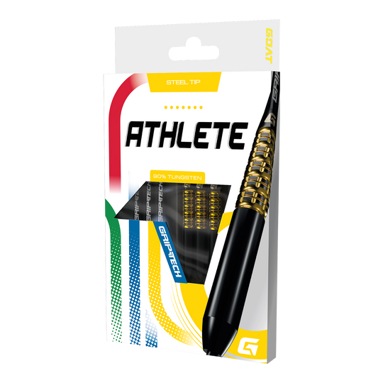 GOAT Athlete gele wolfraamstalen dartpijlen Das Foto zeigt einen gelben Tungsten-Steeldart. Das Produkt wird als 'GD7000770 GOAT Athlete Yellow Tungsten Steeldarts 3' bezeichnet.