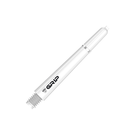 BS55069_Bulls_B-Grip-2_SL_Shafts_Weiss_41mm_2 Das Bild zeigt einen weißen Bulls B-Grip-2 SL Schaft für Dartpfeile. Auf dem Schaft ist das Wort "GRIP" in schwarzer Schrift zu sehen.