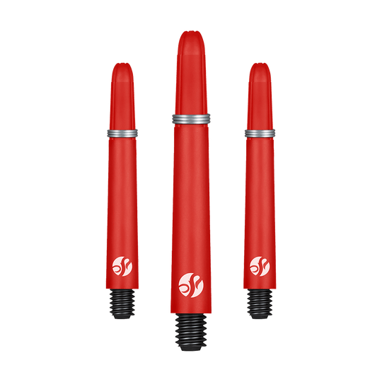 Shot Koi Carbon Shafts - Rood Das Bild zeigt drei rote Dartschäfte mit schwarzen Gewinden und silbernen Ringen. Alle drei Schäfte haben ein weißes Logo aufgedruckt.