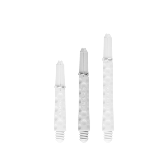 Harrows Dimplex Shafts - Weiß Auf dem Bild sind drei weiße Dartschäfte in unterschiedlichen Längen zu sehen. Sie haben eine strukturierte Oberfläche mit kleinen Vertiefungen und jeweils einen Metallring.