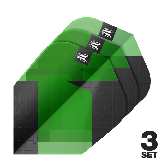 Target Pro Ultra TAG Green Ten-X standaardvluchten - 3 sets Auf dem Bild sind drei grüne und schwarze Dart-Flights mit einem modernen Muster zu sehen. Unten rechts steht "3 SET", was auf drei Sets hinweist.