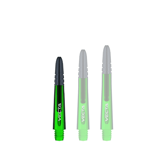 7025-104_Winmau_Vecta_Shafts_Gr-n_34mm_1 Das Bild zeigt drei grüne Winmau Vecta Shafts in unterschiedlichen Längen. Die Spitzen der Shafts sind schwarz und auf jedem steht der Schriftzug "Vecta".