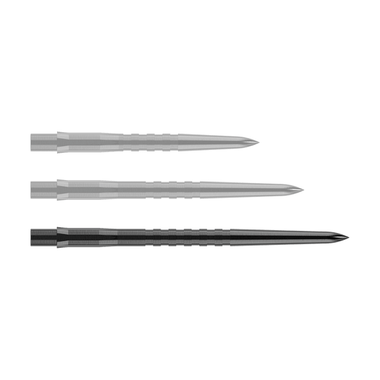 Mission Caliburn EVO dartpunten - gegroefd - zwart Auf dem Bild sind drei schwarze, gerillte Stahlspitzen für Steeldarts zu sehen. Sie liegen parallel nebeneinander auf einem neutralen Hintergrund.