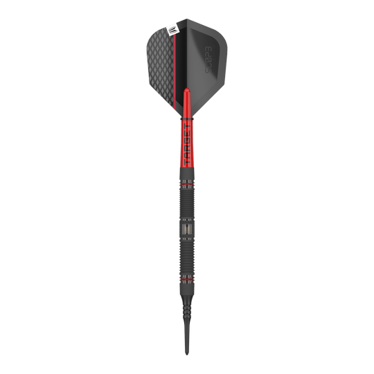 Target Scope 10 zachte pijltjes Das Bild zeigt einen Target Scope 10 Softdart. Der Dartpfeil hat ein schwarzes und rotes Design mit einer strukturierten Spitze und einer schwarzen Flight.