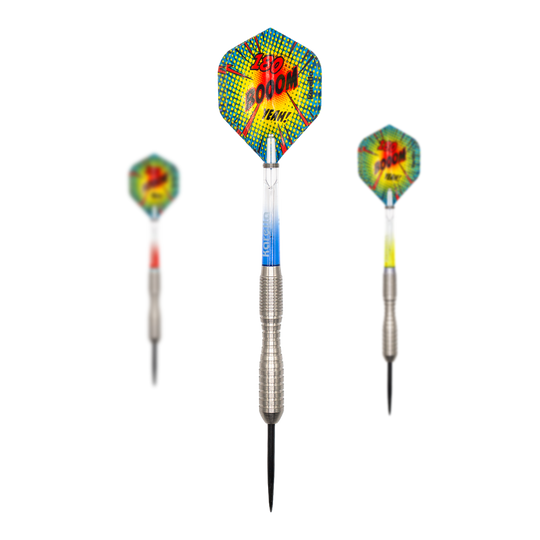 Karella Comic Line CL-3 stalen dartpijlen - 24 g Dieses Bild zeigt ein Set der Karella Comic Line CL-3 Steeldarts mit 24 Gramm Gewicht. Das Set eignet sich ideal für Präzisionswürfe.