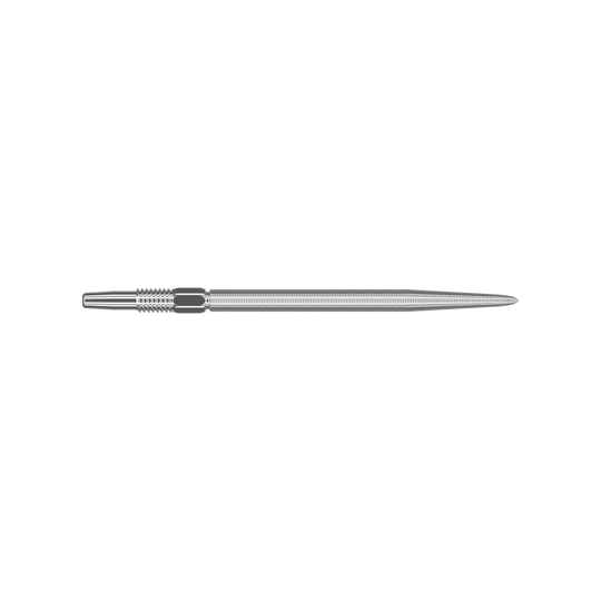 Target Swiss Point Nano Dartpunten - Zilver Dies ist eine silberne Dartspitze mit feiner Riffelung. Sie ist lang und schmal geformt und hat eine glatte Spitze.