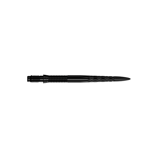 Abgebildet sind schwarze Dartspitzen mit einer Länge von 30 mm. Die Spitzen liegen parallel zueinander.