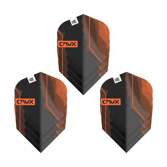 Das Bild zeigt drei Sets von Target Pro Ultra Crux No6 Flights. Die Flights sind schwarz mit orangefarbenen Akzenten und dem Schriftzug "Crux".