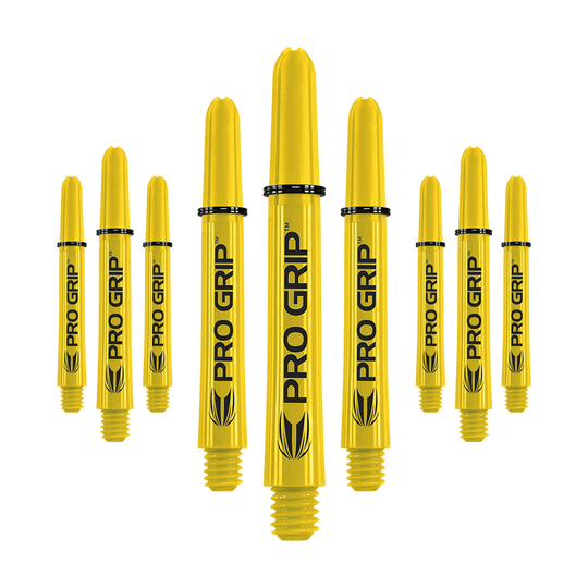 Target Pro Grip Shafts - 3 sets - Geel Das Bild zeigt mehrere gelbe Dartschäfte mit der Aufschrift "PRO GRIP". Die Schäfte sind in einer Reihe angeordnet und haben ein einheitliches Design.