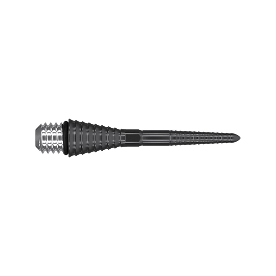 380172_Target_Titanium_Swiss_Point_Grooved_Conversion_Points_Schwarz_26mm_2 Auf dem Bild ist eine schwarze, gerillte Dartspitze aus Metall zu sehen. Sie hat eine konische Form und ein silbernes Schraubgewinde am Ende.