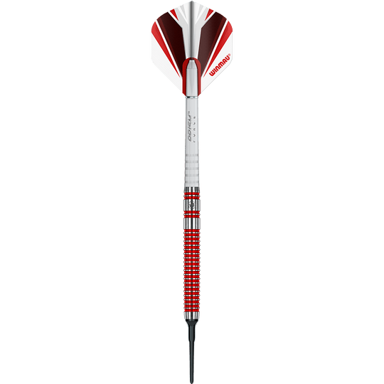 2429_Winmau_Overdrive_Softdarts_1JFsfRHw6pkaup Das Bild zeigt einen Winmau Overdrive Softdart mit einem Gewicht von 20 Gramm. Der Dart hat ein silbernes und rotes Design mit einem roten Winmau-Flight.