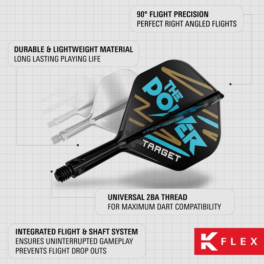 Das Bild zeigt das Produkt "Target K-Flex Phil Taylor No2 Standard Flights" für Dartpfeile. Es hebt die langlebigen Materialien, die präzise 90°-Flugwinkel und das integrierte Flight- und Schaftsystem hervor.