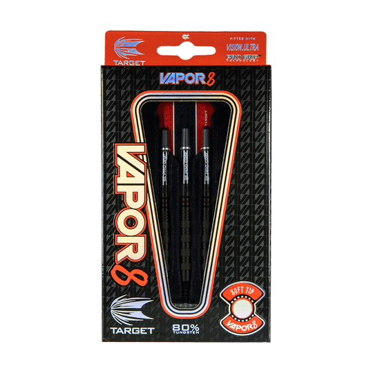 Das Bild zeigt die Verpackung der "Target Vapor8 05 Softdarts - 18g". In der Packung befinden sich drei schwarze Softdarts mit roten Flights.