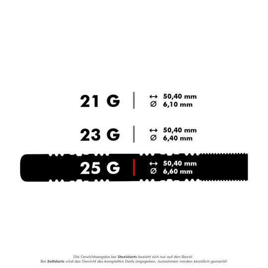 Unicorn The Machine James Wade Two-Tone Steel Darts Das Bild zeigt drei verschiedene Dartgewichte mit ihren jeweiligen Maßen. Die Gewichte sind 21 g, 23 g und 25 g, jeweils mit einer Länge von 50,40 mm und unterschiedlichen Durchmessern.