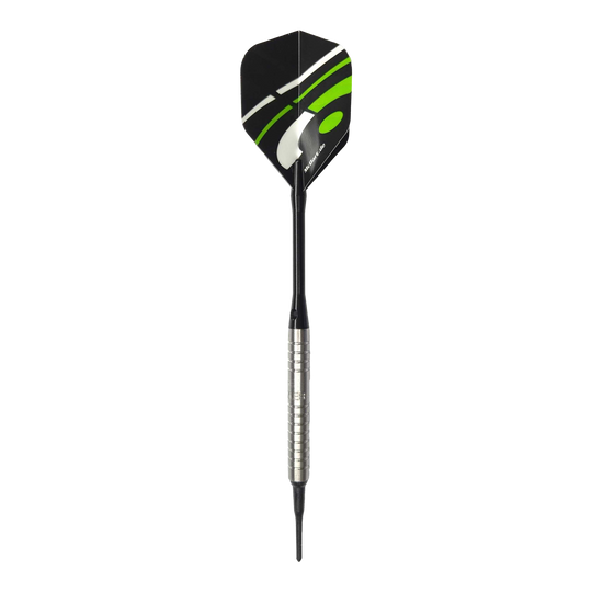 McDart 85 Tungsten V16 zachte darts - 16,5 g Das Bild zeigt einen McDart 85er Tungsten V16 Softdart mit einem Gewicht von 16,5g. Der Dart besitzt einen silbernen, gerillten Barrel und schwarze sowie grüne Akzente auf dem Flight.