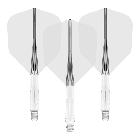 Mission Force 90 No6 Flight Shaft System - Doorzichtig Auf dem Bild sind drei klare Dart-Flights mit passenden transparenten Schäften zu sehen. Sie sind nebeneinander angeordnet und zeigen eine einheitliche, schlichte Optik.