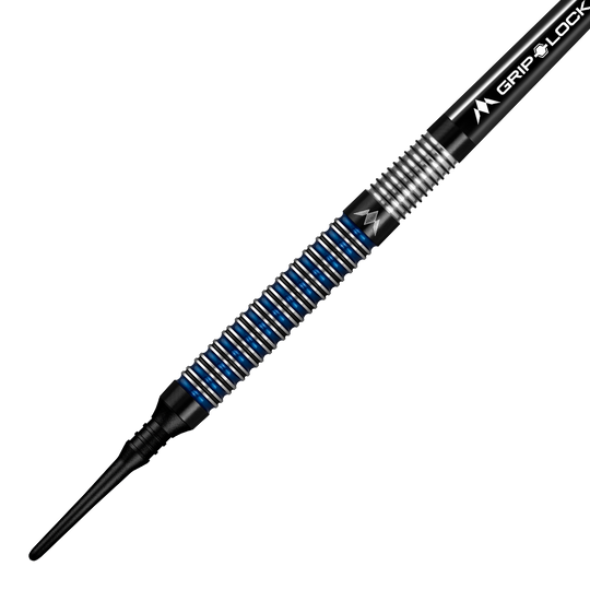 Mission Nightfall Model 1 zachte darts Das Bild zeigt einen Mission Nightfall Model 1 Softdart mit einem schwarzen und blauen Ringdesign am Griff. Der Dart besitzt eine feine Riffelung für besseren Halt und eine schwarze Softspitze.