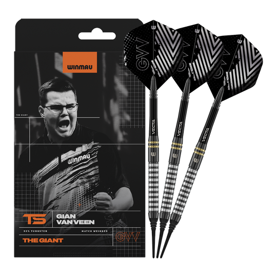Winmau Gian Van Veen TS zachte dartpijlen - 18g Winmau Gian Van Veen TS Softdarts mit 18g werden komplett dargestellt. Alle drei Darts sind zusammen zu sehen.