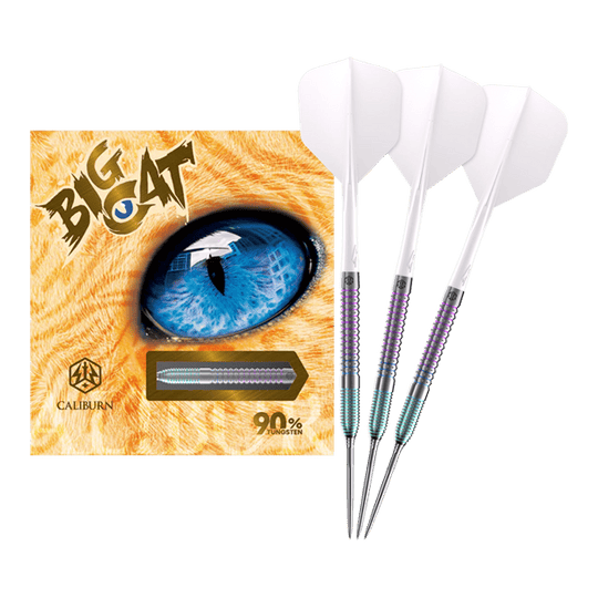 Caliburn Big Cats Ocelot stalen dartpijlen Caliburn Big Cats Ozelot Steeldarts mit einem Gewicht von 23g. Das Bild zeigt die gesamte Länge des Dartpfeils.