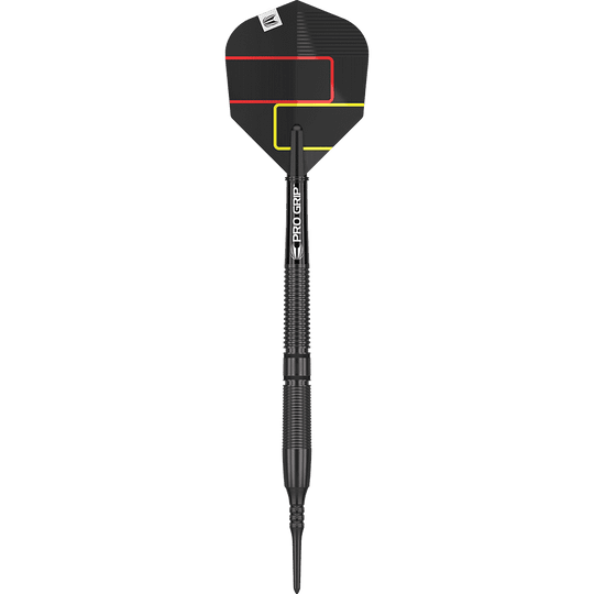 210322_Target_Gabriel_Clemens_Black_Edition_Softdarts_1cRpg80ngytQSY Der Target Gabriel Clemens Black Edition Softdart – 19g ist ein eleganter, schwarzer Softdartpfeil mit farbigen Linien auf dem Flight. Der Schaft trägt die Aufschrift "Pro Grip" und das Dart-Design wirkt modern und professionell.