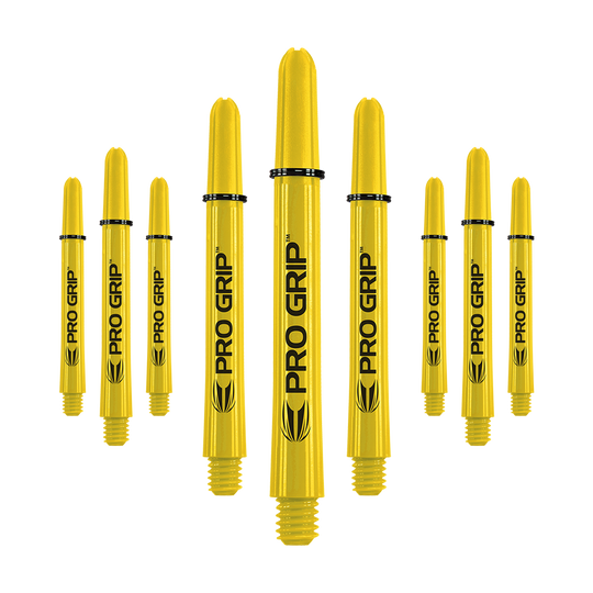 Das Bild zeigt neun gelbe Dartschäfte mit der Aufschrift "PRO GRIP". Sie sind in drei Reihen angeordnet und haben schwarze Ringe zur Befestigung.