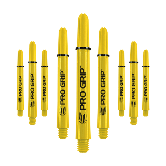 Target Pro Grip Shafts - 3 sets - Geel Das Bild zeigt neun gelbe Dartschäfte mit der Aufschrift "PRO GRIP". Sie sind in drei Reihen angeordnet und haben schwarze Ringe zur Befestigung.