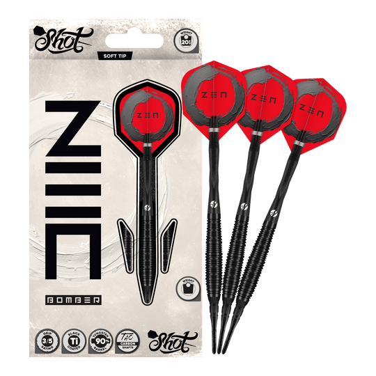 Shot ZEN Bomber softdarts - 20g Zu sehen sind die Shot ZEN Bomber Softdarts - 20g. Sie zeichnen sich durch ihre spezielle Form und das ansprechende Aussehen aus.