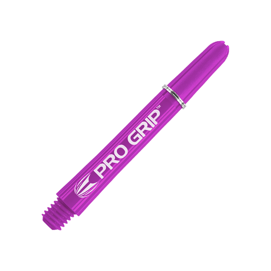 Das Bild zeigt einen lilafarbenen Dartshaft mit der Aufschrift "PRO GRIP". Der Shaft ist 41 mm lang und hat ein Schraubgewinde am Ende.