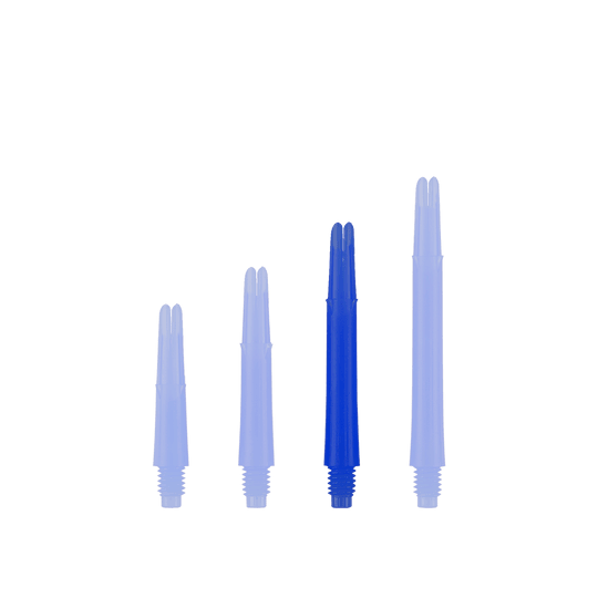 L-L-Style-Shafts Locked Straight - Blauw Auf dem Bild sind vier blaue, gerade Dartschäfte in unterschiedlichen Längen zu sehen. Sie stehen aufrecht nebeneinander auf weißem Hintergrund.