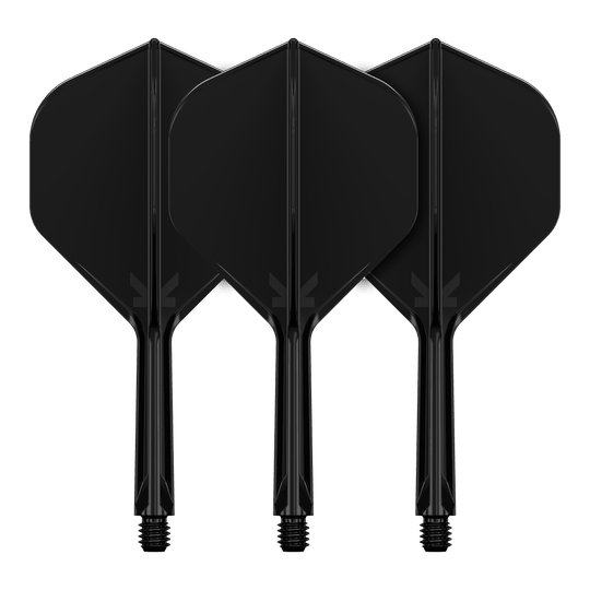 Target K-Flex No2 Standaard Vluchtsysteem - Zwart Das Bild zeigt drei schwarze Dartflights mit integrierten Schäften. Sie sind nebeneinander angeordnet und haben ein schlichtes, einfarbiges Design.