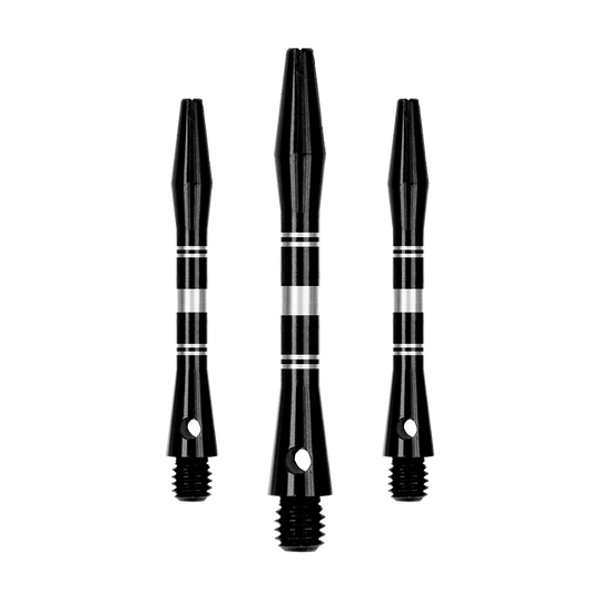 Geringde aluminium assen - Zwart Zilver Dieses Bild zeigt ein Set von Aluminium Shafts in Schwarz und Silber. Mehrere Komponenten des Sets sind sichtbar dargestellt.