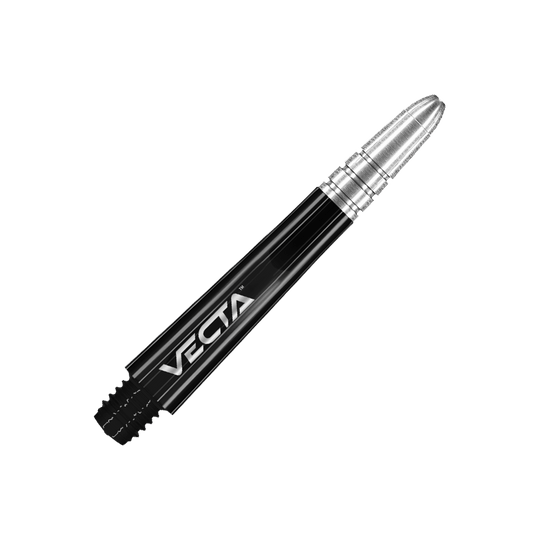 Winmau Vecta Shafts - Schwarz Silber Auf dem Bild ist ein schwarzer und silberner Dartshaft mit der Aufschrift "VECTA" zu sehen. Der Shaft hat ein glänzendes Design und ist aus Metall gefertigt.