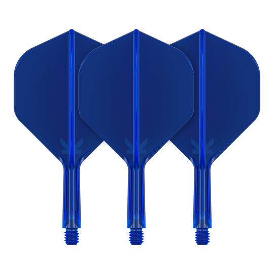 Target K-Flex No2 Standaard Vluchtsysteem - Blauw Auf dem Bild sind drei blaue Dart-Flights zu sehen. Sie stehen nebeneinander und haben eine standardmäßige Form.