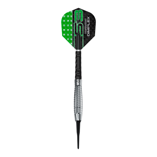 Harrows Dimplex S3 Bomb zachte darts Das Bild zeigt einen Harrows Dimplex S3 Bomb Softdart. Der Dart hat eine schwarze und grüne Flight sowie einen silbernen, geriffelten Barrel.