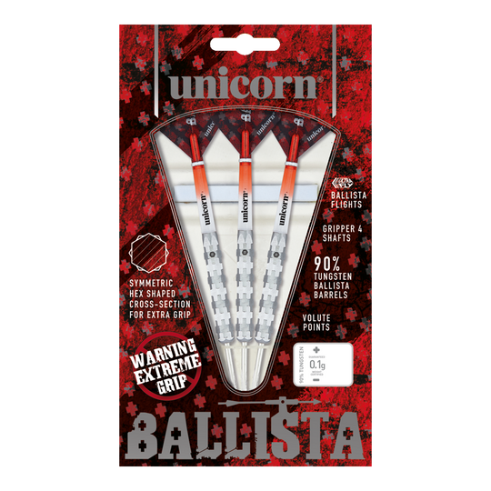 Unicorn Ballista Style 1 stalen darts Das Bild zeigt die "Unicorn Ballista Style 1 Steeldarts" in ihrer Verpackung. Die Darts haben einen extremen Grip und bestehen zu 90% aus Tungsten.