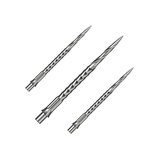 Caliburn System stalen dartpunten - Spiro - NoLip - zilver Das Bild zeigt vermutlich eine Steeldartspitze aus Silber mit einer Länge von 36 mm. Es handelt sich um eine Spiro NoLip Spitze aus dem Caliburn Evo System.