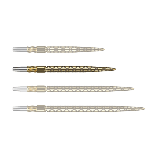Target Swiss Diamond Pro Gold dartpunten Das Bild zeigt vier goldfarbene Dartspitzen mit silberner Spitze, die nebeneinander liegen. Die Oberflächen der Dartspitzen haben ein rautenförmiges Muster.