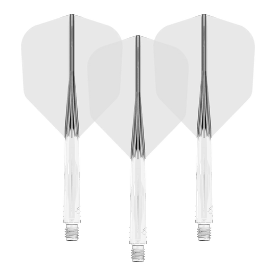 Mission Force 90 No6 Flight Shaft System - Doorzichtig Das Bild zeigt drei durchsichtige Dartschäfte mit weißen Flights. Sie sind nebeneinander in einer Reihe angeordnet.