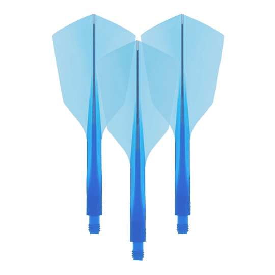 Das Bild zeigt drei blaue Dart-Flights mit integriertem Schaft. Es handelt sich um das Produkt "Condor Axe 120 Flight-System Clear Blue - Narrow".