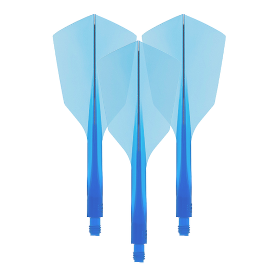 Condor Ax 120 Flight System Helderblauw - Smal Das Bild zeigt drei blaue Dart-Flights mit integriertem Schaft. Es handelt sich um das Produkt "Condor Axe 120 Flight-System Clear Blue - Narrow".