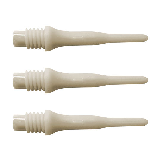 Das Bild zeigt drei weiße Kunststoffspitzen für Soft-Darts. Es handelt sich um das Produkt "Bulls Tefo X Spitzen (100er Pack)".