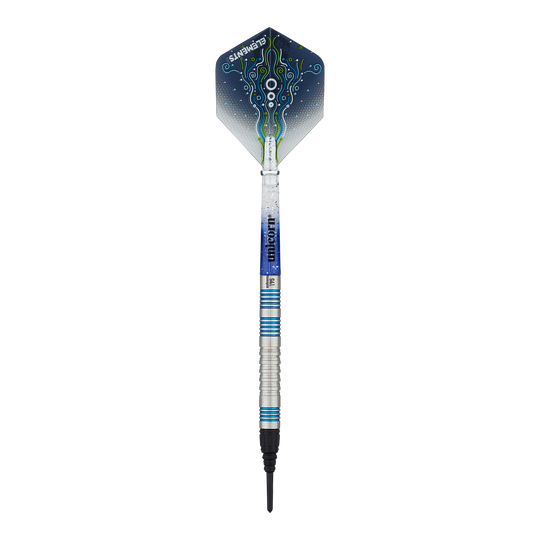Unicorn T95 Core XL Blauwe zachte darts Das Bild zeigt einen Unicorn T95 Core XL Blue Softdart. Der Dartpfeil hat blaue und silberne Akzente sowie ein grafisch gestaltetes Flight-Design.