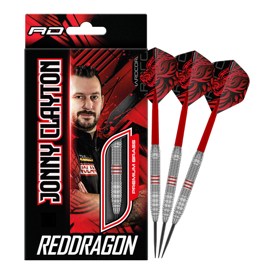 Red Dragon Jonny Clayton messing stalen dartpijlen - 21 g Red Dragon Jonny Clayton Brass Steeldarts - 21 g wird gezeigt. Der Dartpfeil besteht aus Messing und ist optimal für Dartspieler.